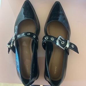 Maeve Black Patent Leather Flats with Silver Buckle